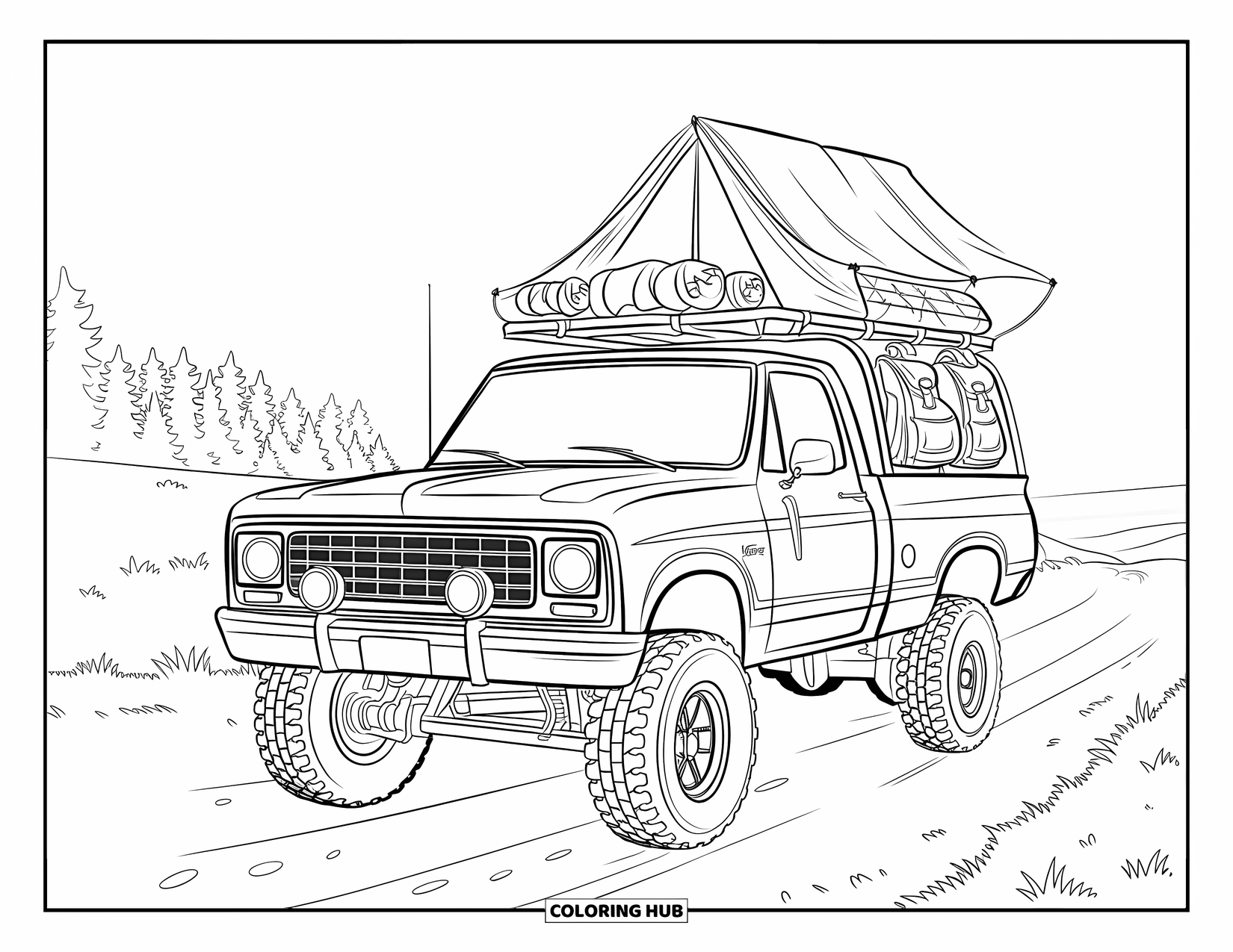 Lifted Truck Coloring Page for Kids: A lifted truck with camping gear sits on a dirt road leading to a forest