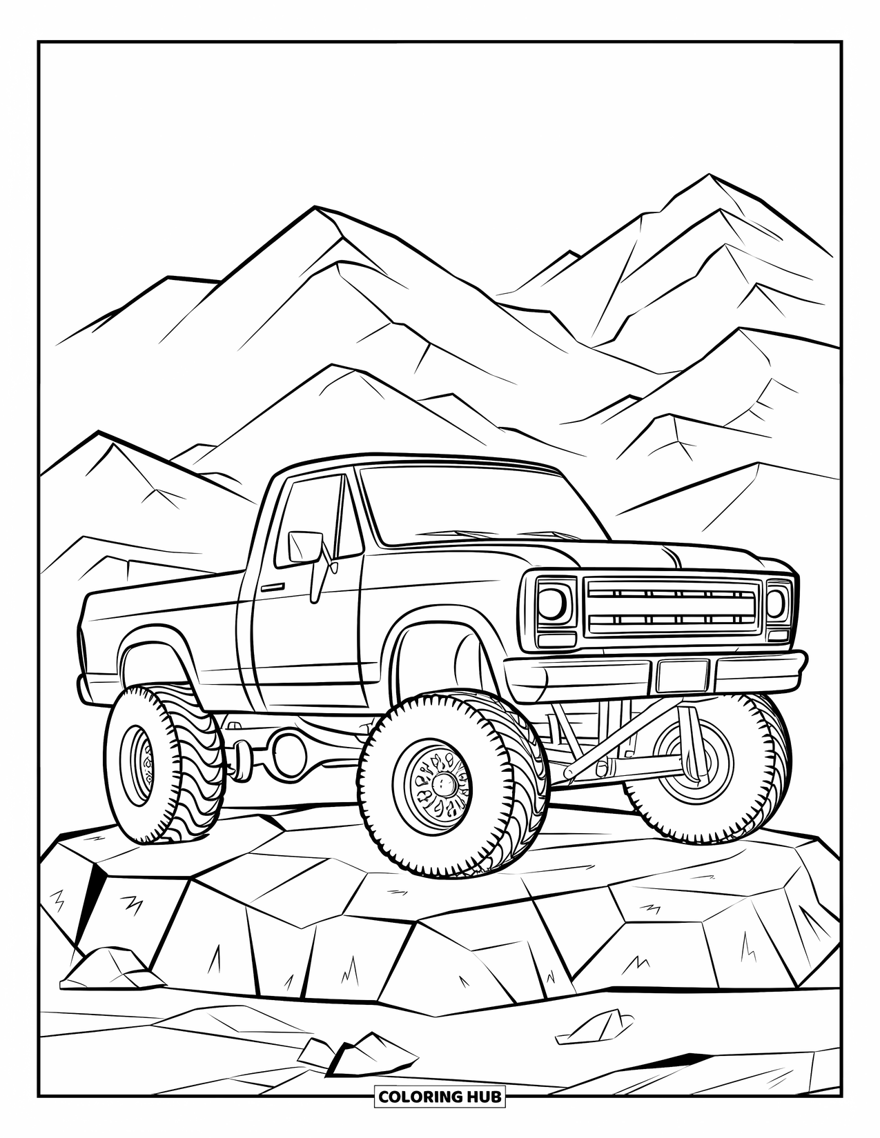 Lifted Truck Coloring Page for Kids: A lifted truck with flared fenders rests on rocky terrain near mountains