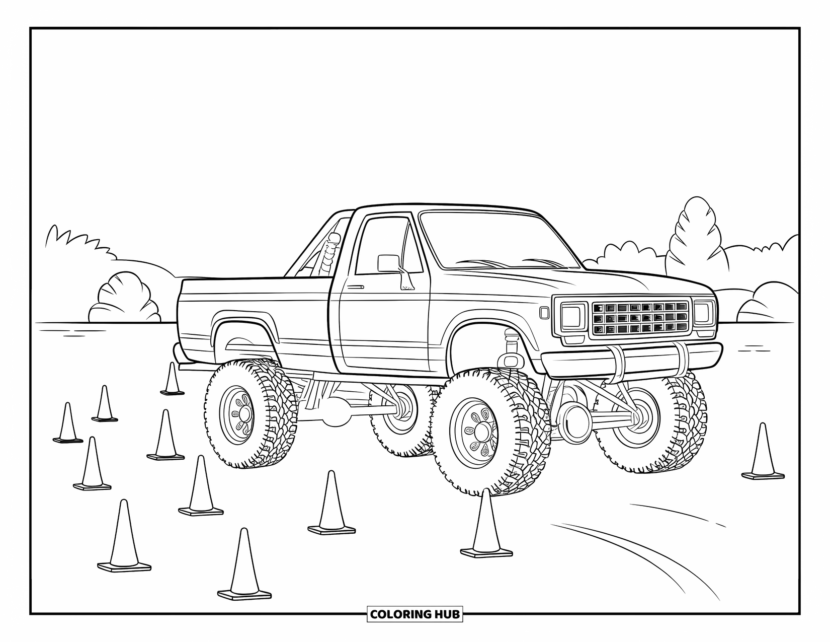 Lifted Truck Coloring Page for Kids: A lifted truck with large tires stands by cones arranged in a zigzag pattern