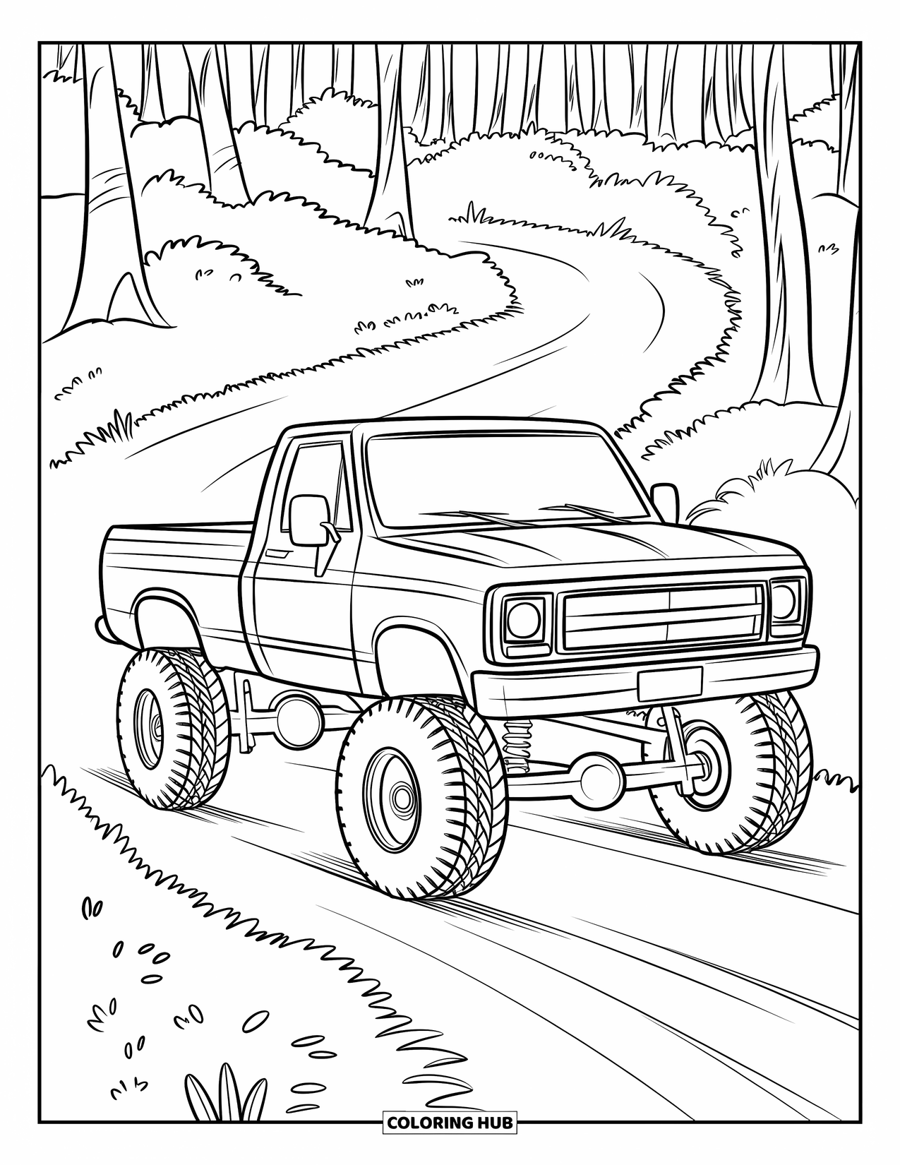 Lifted Truck Coloring Page for Kids: A lifted truck with long suspension drives on a winding dirt path in a forest