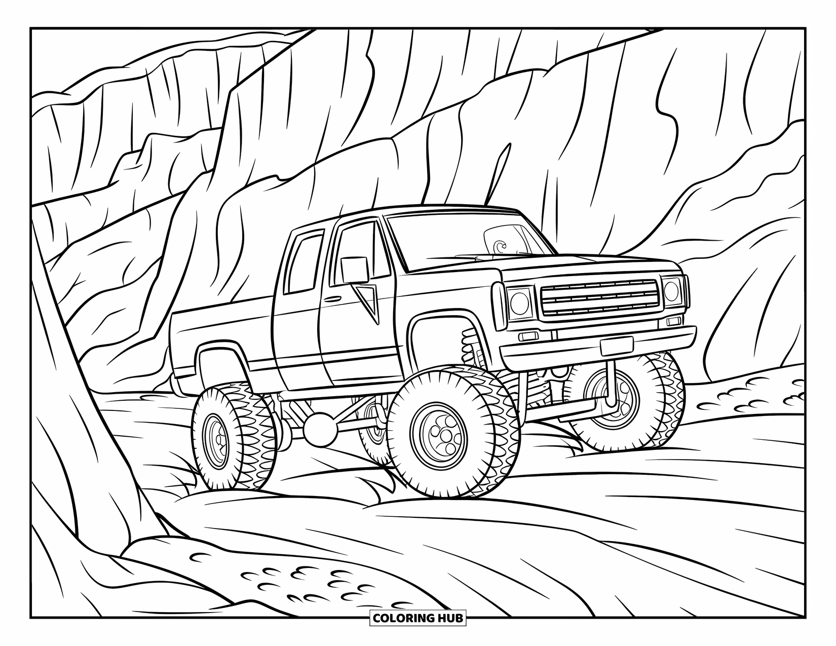 Lifted Truck Coloring Page for Kids: A lifted truck with off-road tires drives over rocks in a canyon