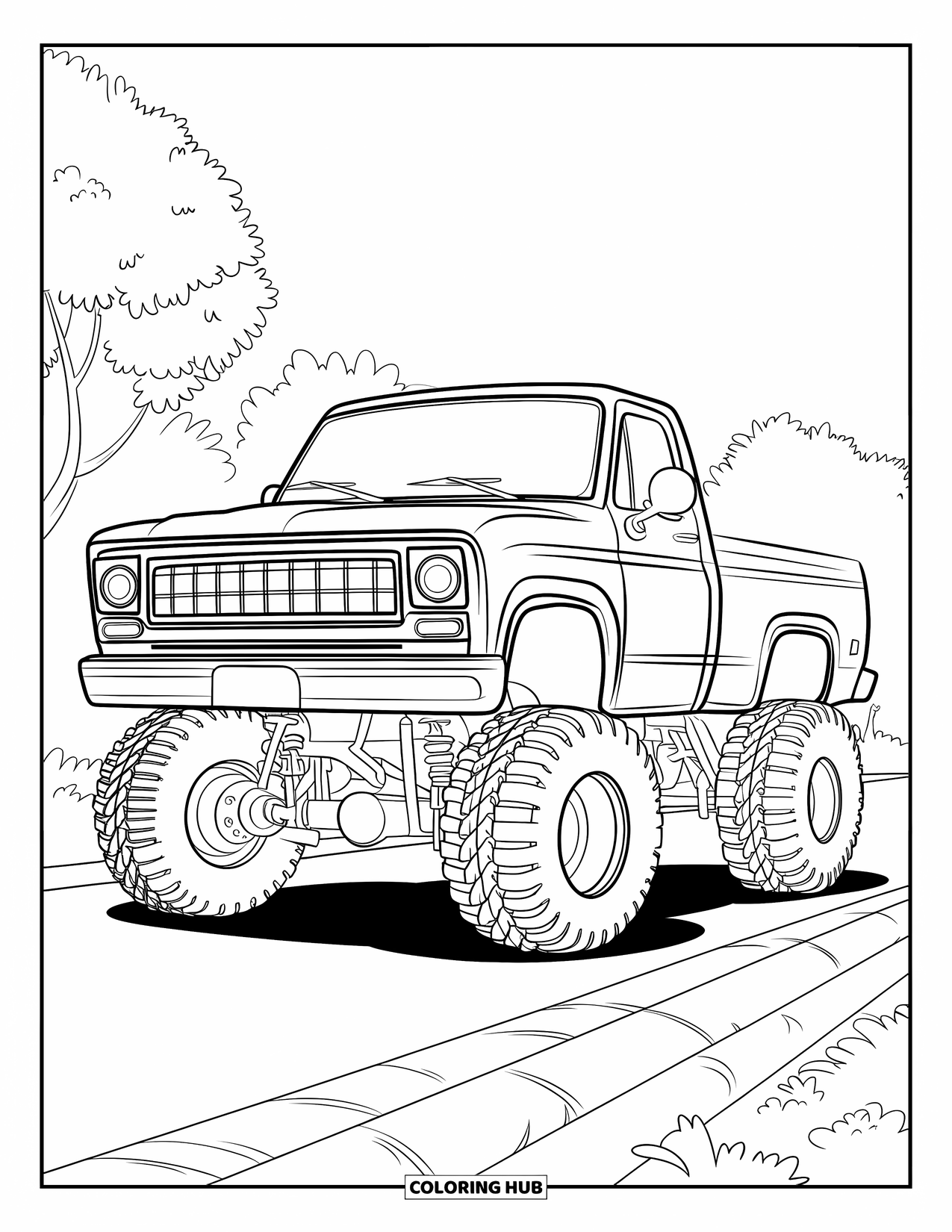 Lifted Truck Coloring Page for Kids: A lifted truck with oversized tires and round headlights is parked near trees