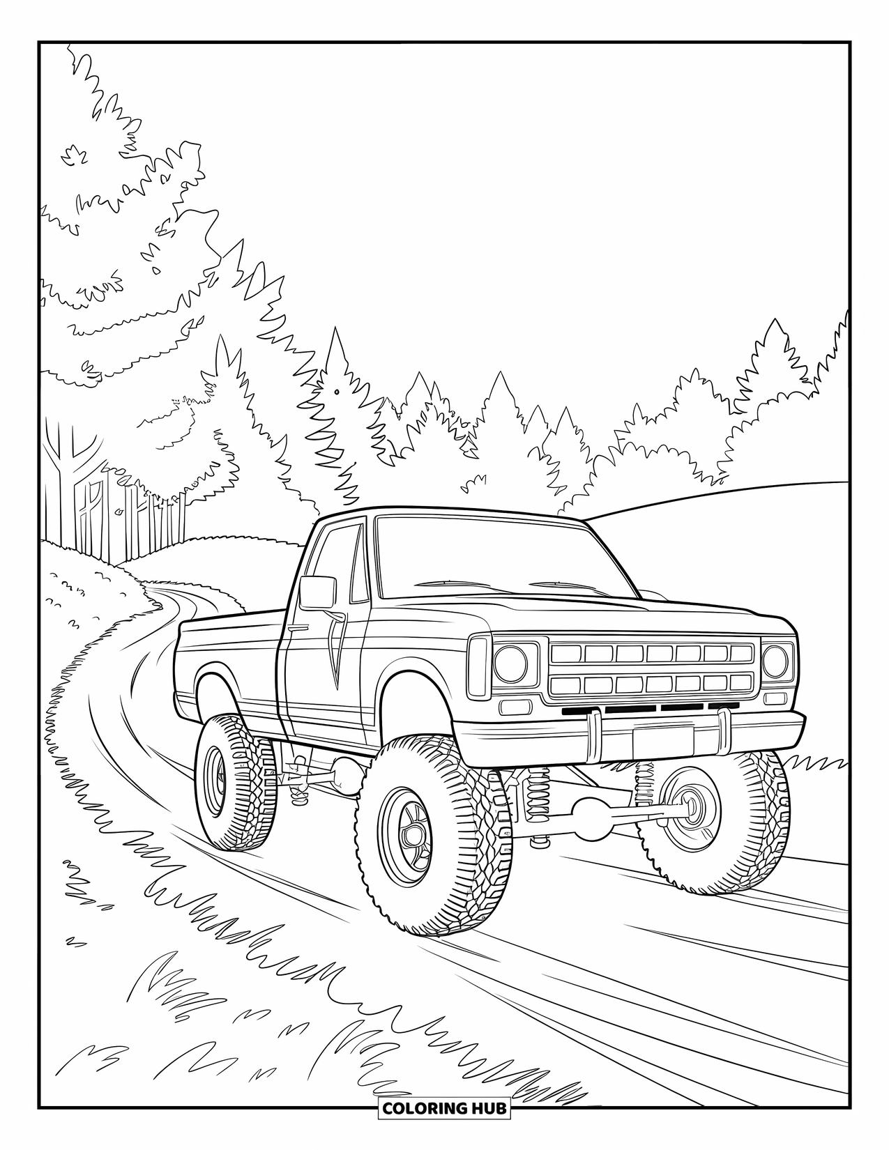 Lifted Truck Coloring Page for Kids: A lifted truck with visible suspension drives along a dirt path through tall trees
