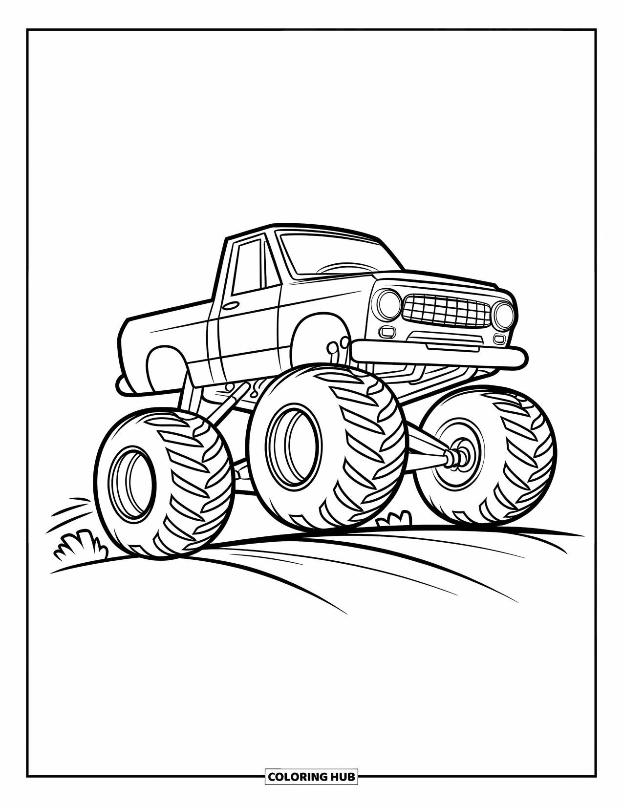 Lifted Truck Coloring Page for Kids: A playful lifted monster truck with round wheels drives over a tiny bump