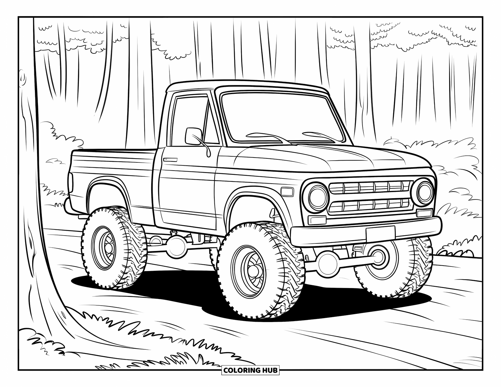 Lifted Truck Coloring Page for Kids: A small lifted off-road truck with a basic cab is parked in a forest