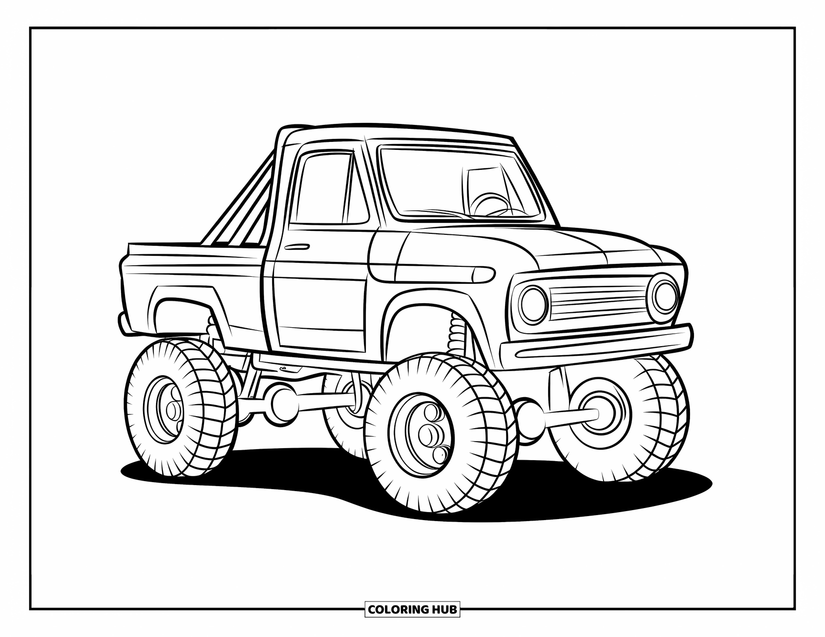 Lifted Truck Coloring Page for Kids: A small lifted off-road truck with round wheels and a roll cage is outlined playfully