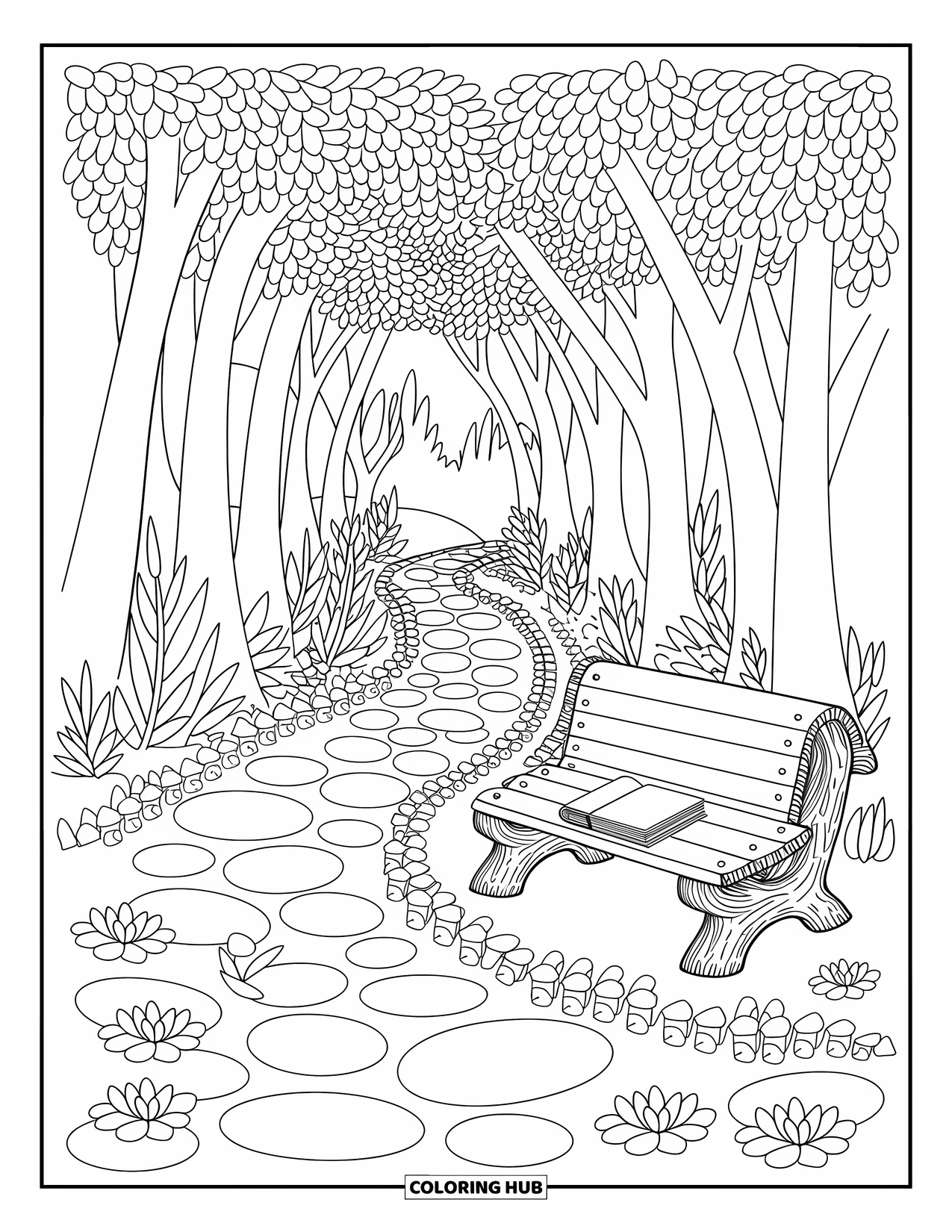 Magical Forest Coloring Page for Adults: A cobbled path to a forest spring with arching trees and a bench