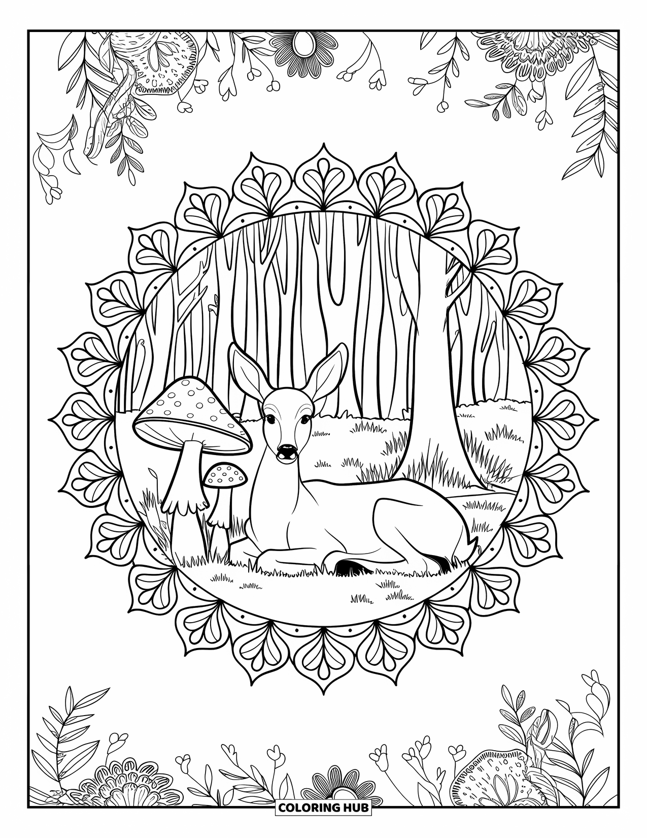 Magical Forest Coloring Page for Adults: A deer rests beside mushrooms in a mandala-framed forest