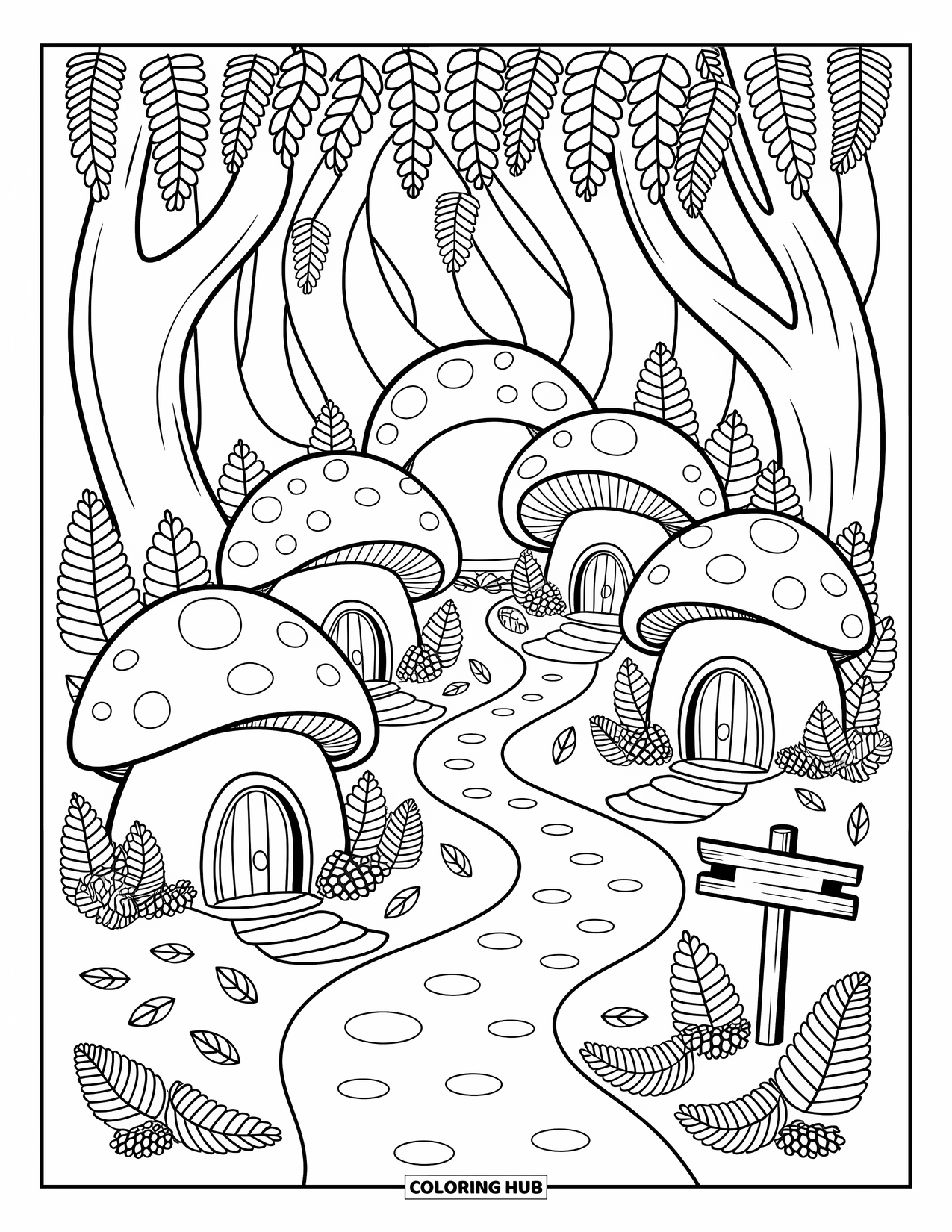 Magical Forest Coloring Page for Adults: A doodle-style mushroom village with mailboxes, chimneys, and leafy paths
