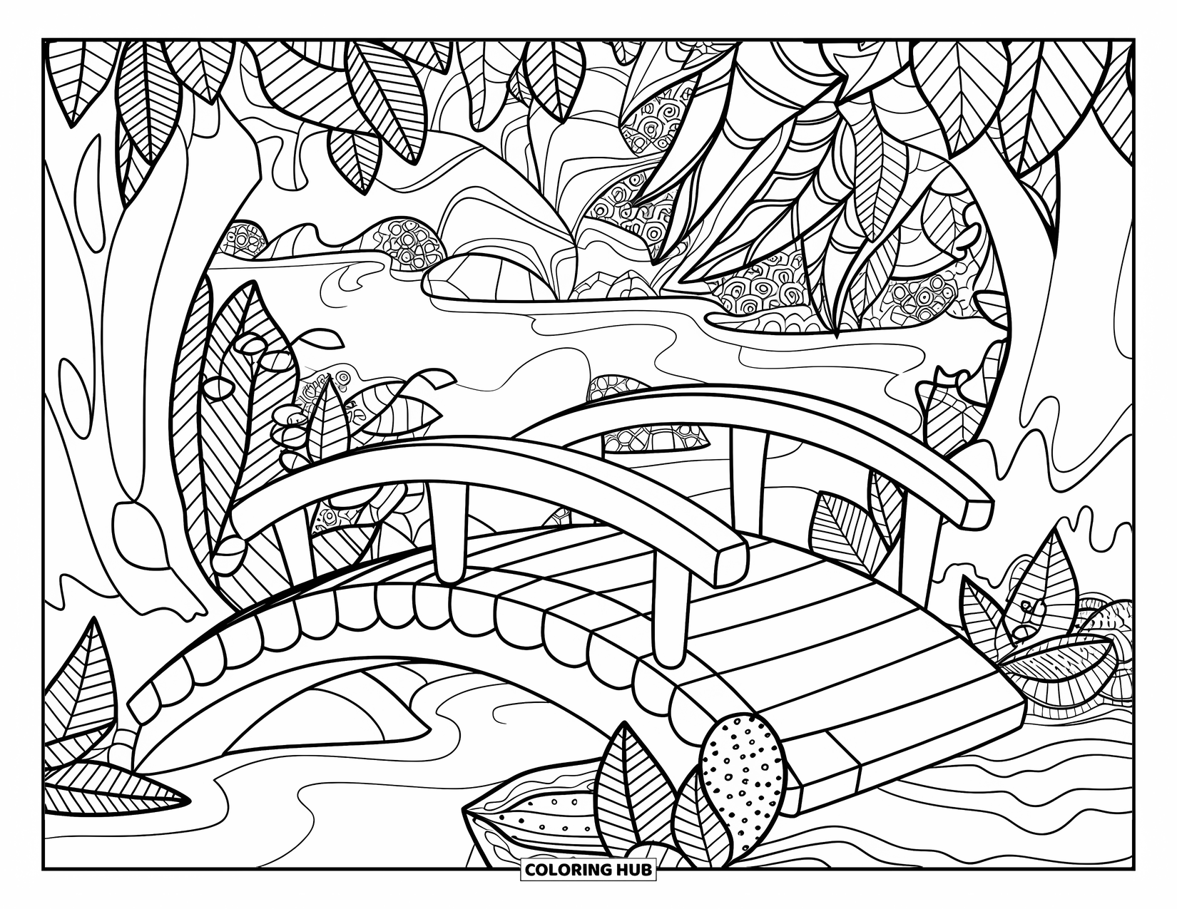 Magical Forest Coloring Page for Adults: A forest stream flows under a bridge surrounded by mandala leaves