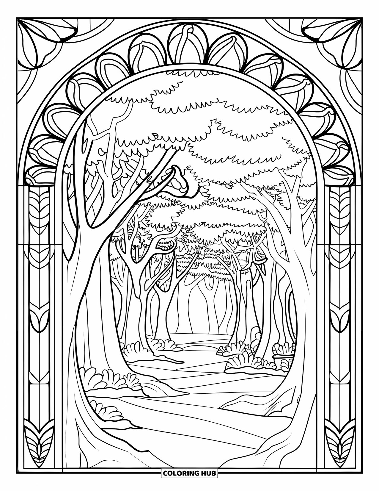 Magical Forest Coloring Page for Adults: A glowing tree tunnel wrapped in stained glass and leafy patterns