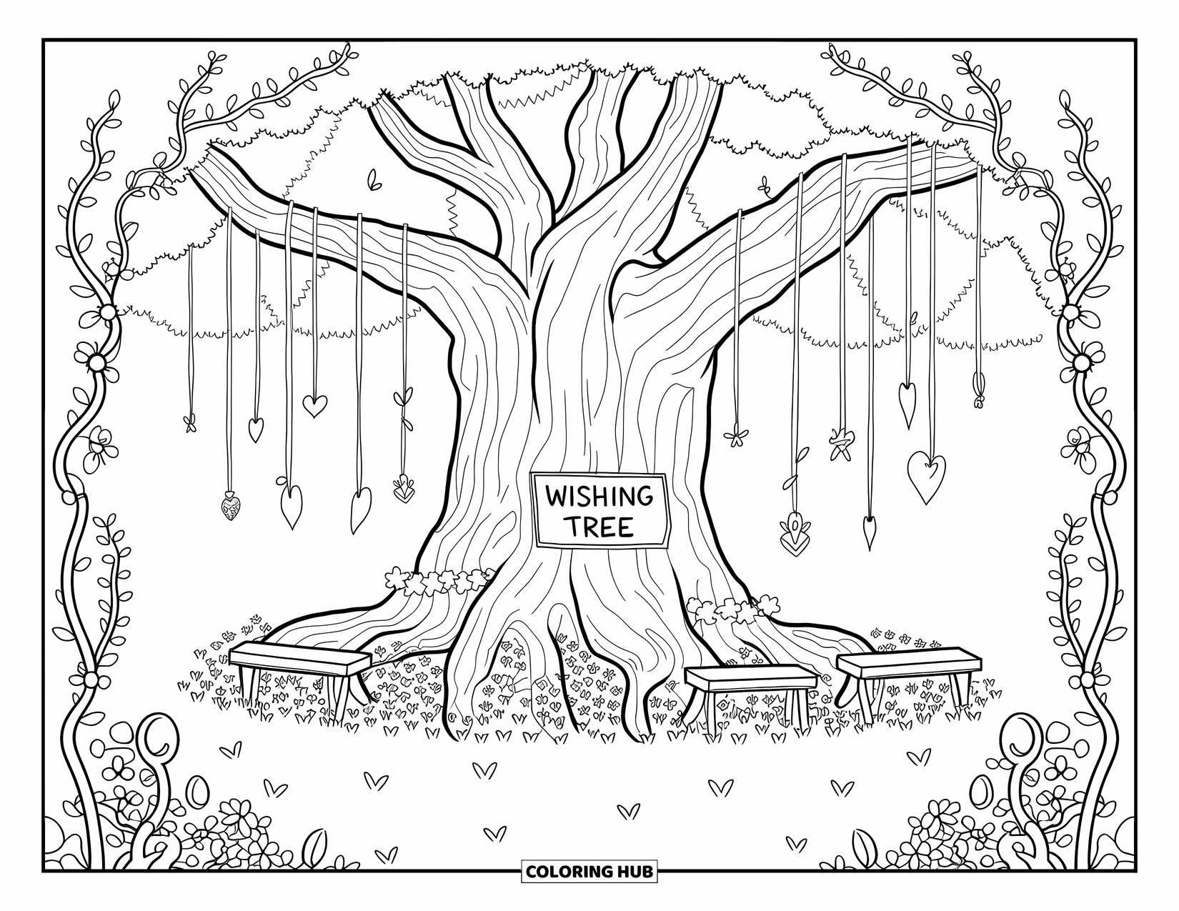 Magical Forest Coloring Page for Adults: A grand tree with charms and a sign, framed by vine archways in a sunny glade