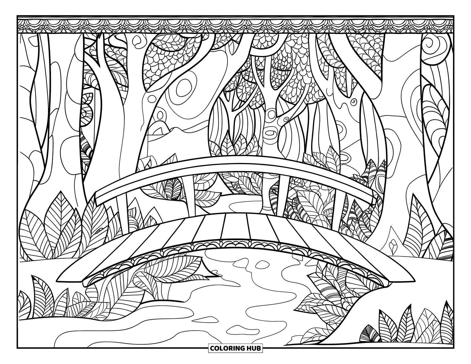 Magical Forest Coloring Page for Adults: A patterned bridge spans a stream beneath tall, intricate forest trees