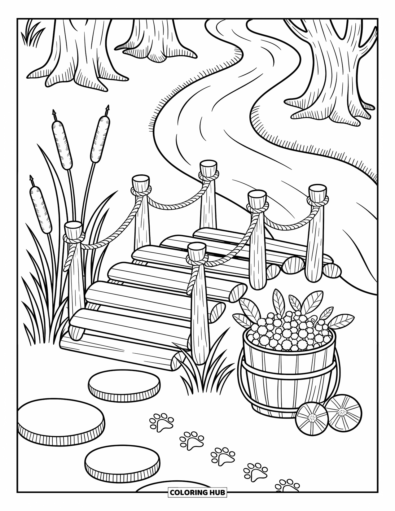 Magical Forest Coloring Page for Adults: A quaint bridge with rope railing, stepping stones, and playful forest details