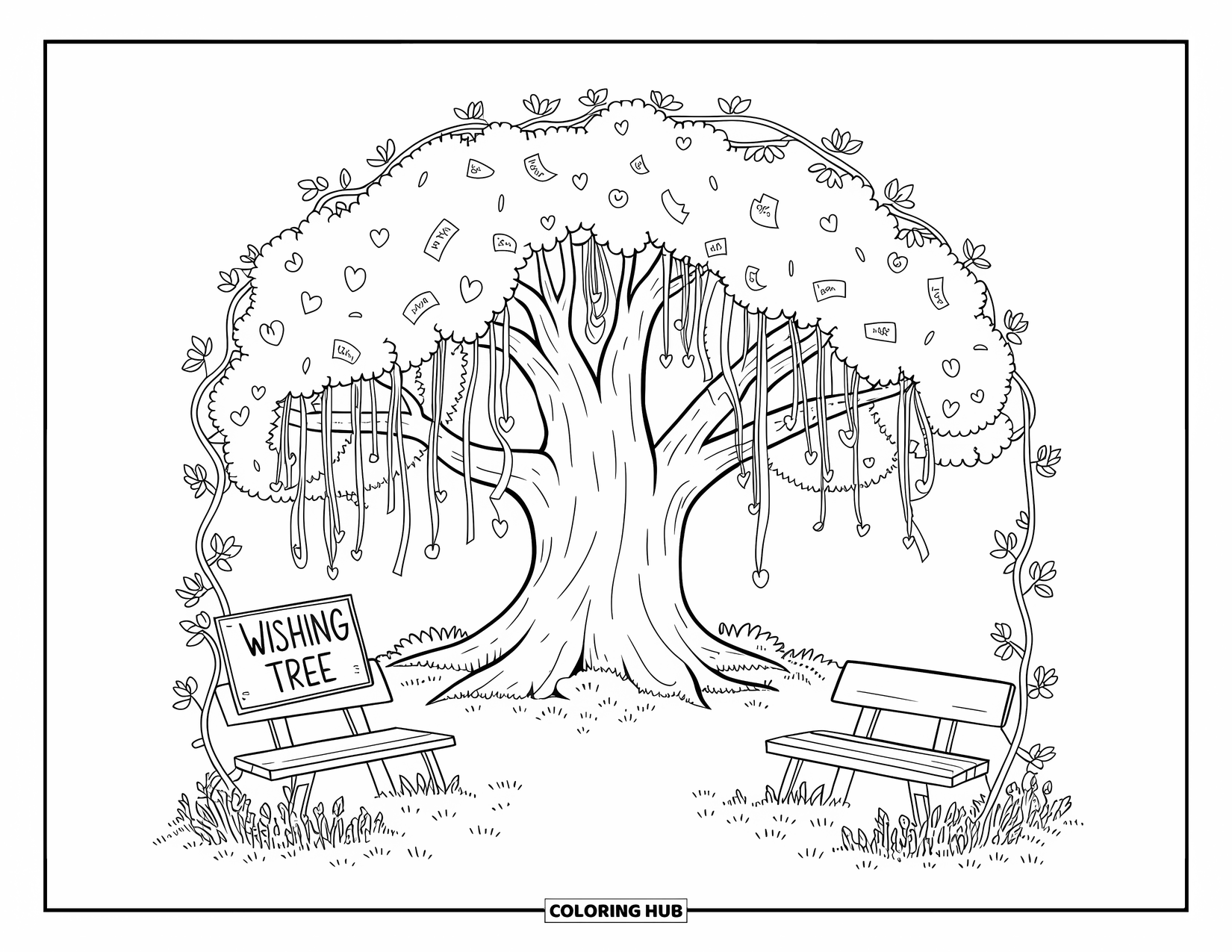 Magical Forest Coloring Page for Adults: A ribbon-covered tree with heartfelt notes and a vine-framed path
