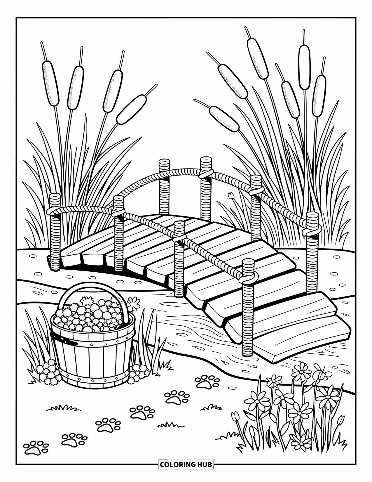 Magical Forest Coloring Page for Adults: A rustic bridge over a brook with forest fruits and tiny paw prints