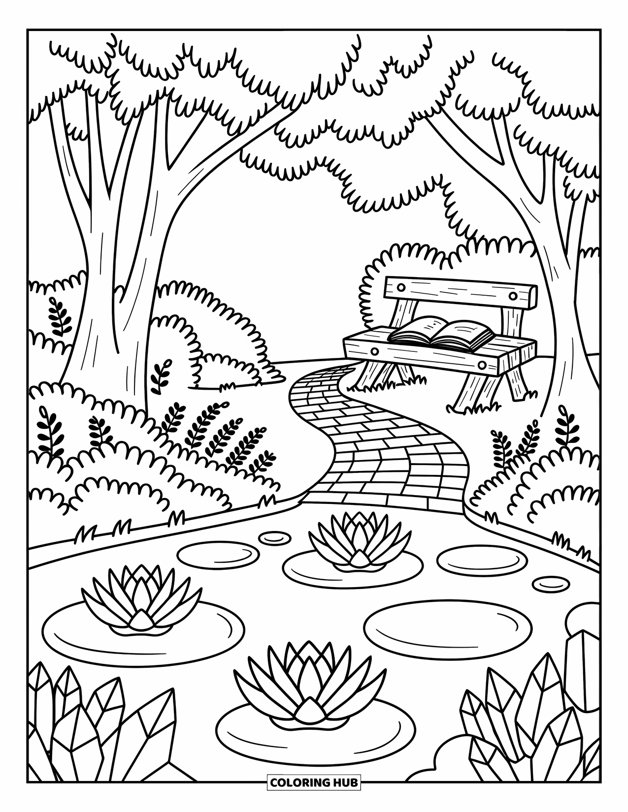 Magical Forest Coloring Page for Adults: A serene forest spring with flat stones, lily pads, and an open book
