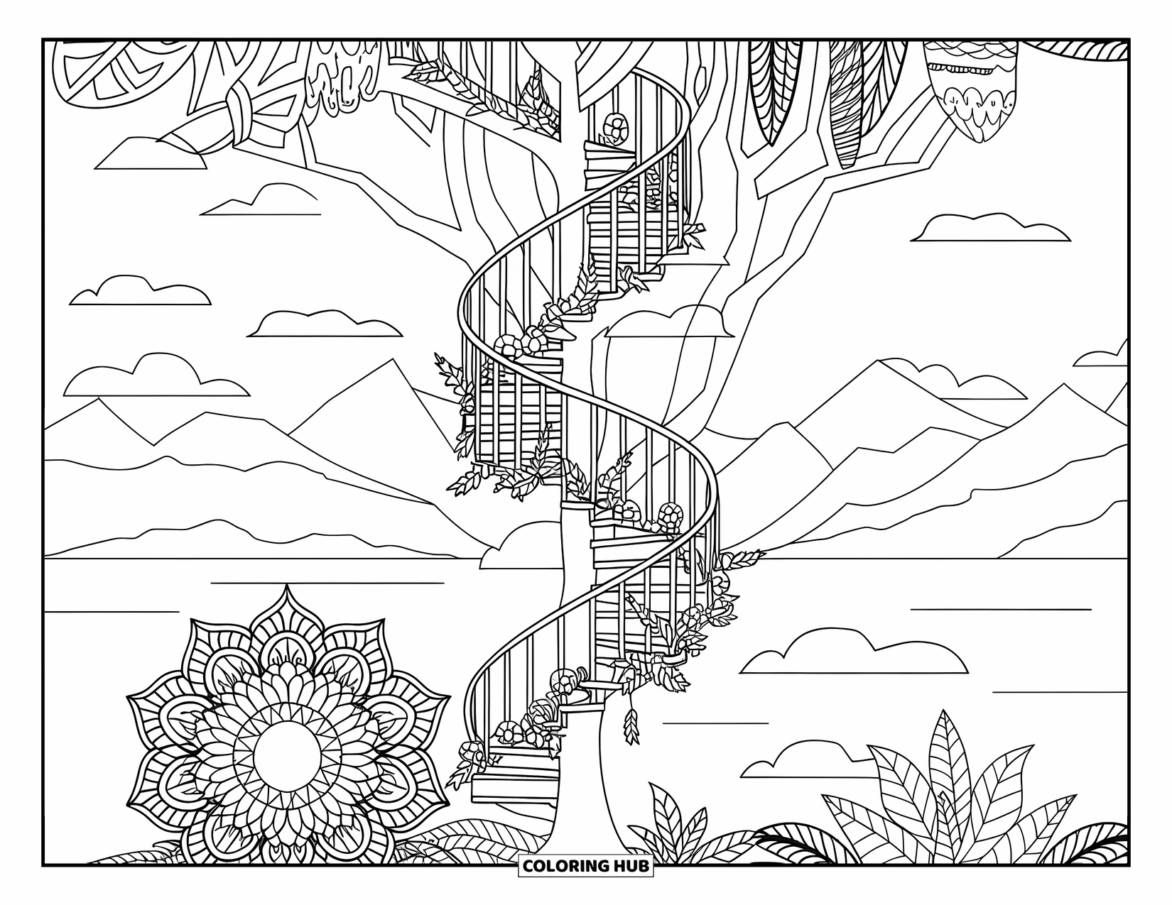 Magical Forest Coloring Page for Adults: A tall tree with stairs winds up through a peaceful patterned forest