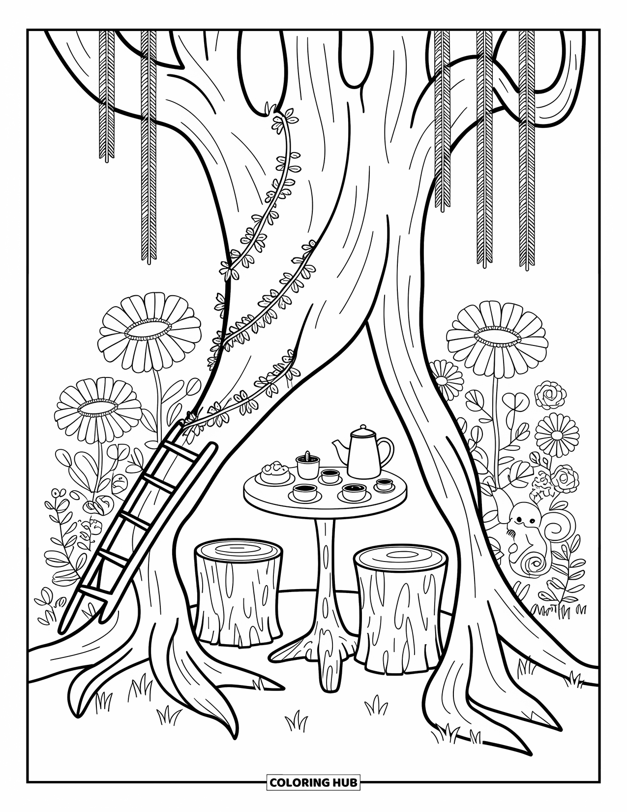Magical Forest Coloring Page for Adults: A tree trunk cafÈ with a table, pastries, teacups, and a squirrel
