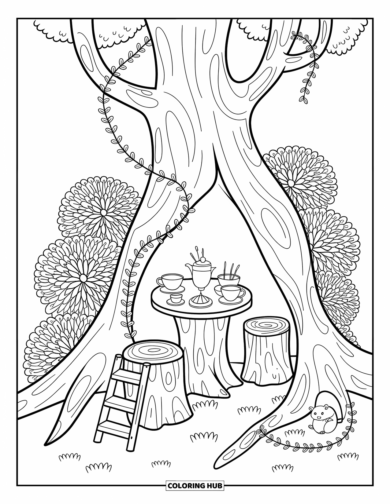 Magical Forest Coloring Page for Adults: A whimsical tree cafÈ with tea, pastries, and a peeking squirrel