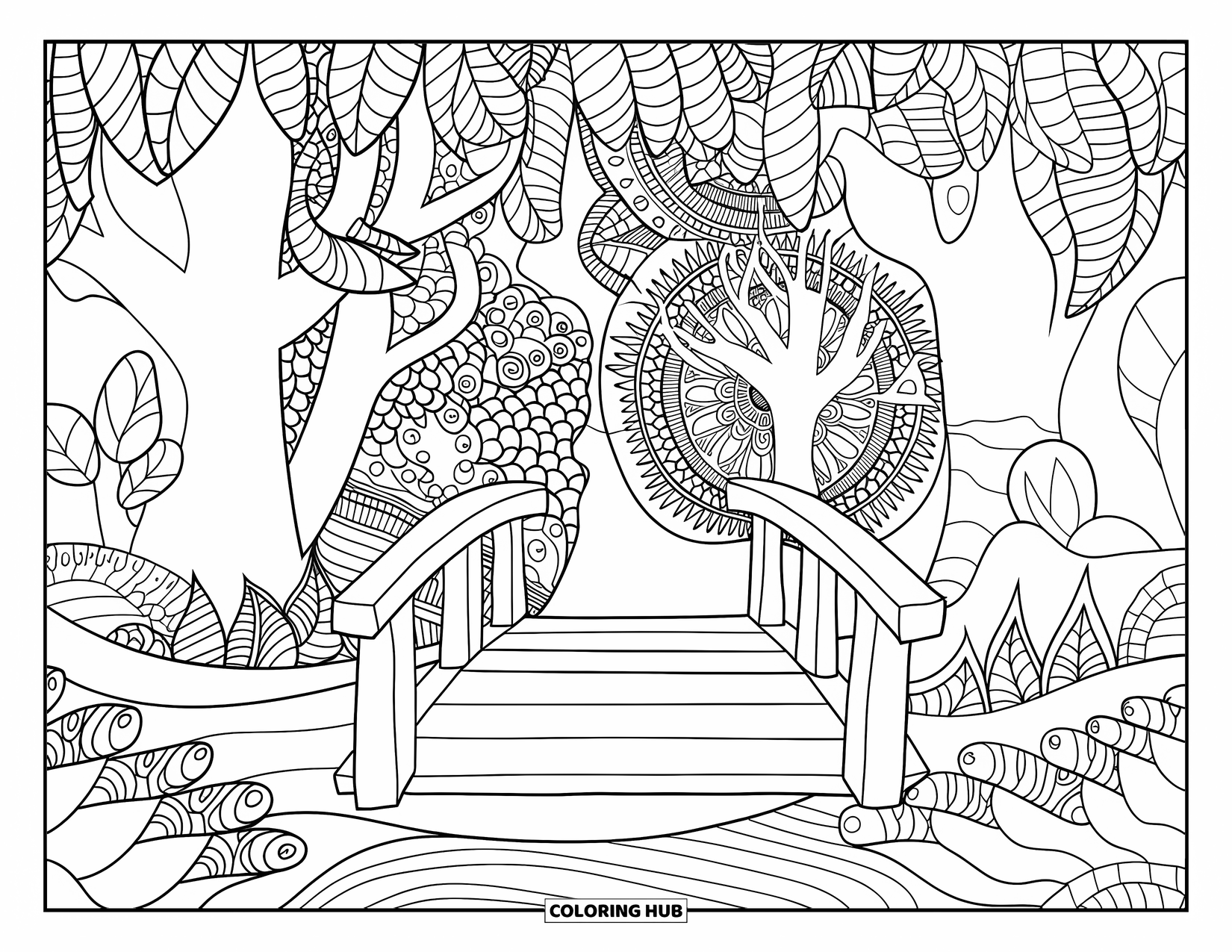 Magical Forest Coloring Page for Adults: A wooden bridge crosses a stream in a forest of leafy mandala patterns