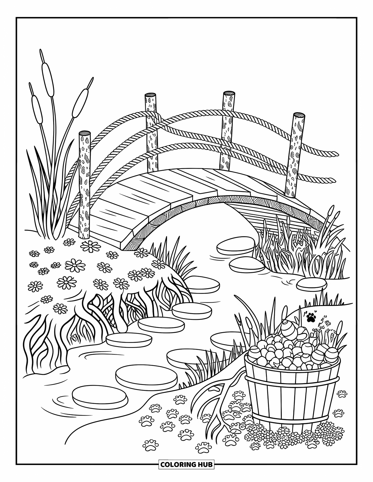 Magical Forest Coloring Page for Adults: A wooden bridge over a brook with wildflowers, fruits, and paw prints