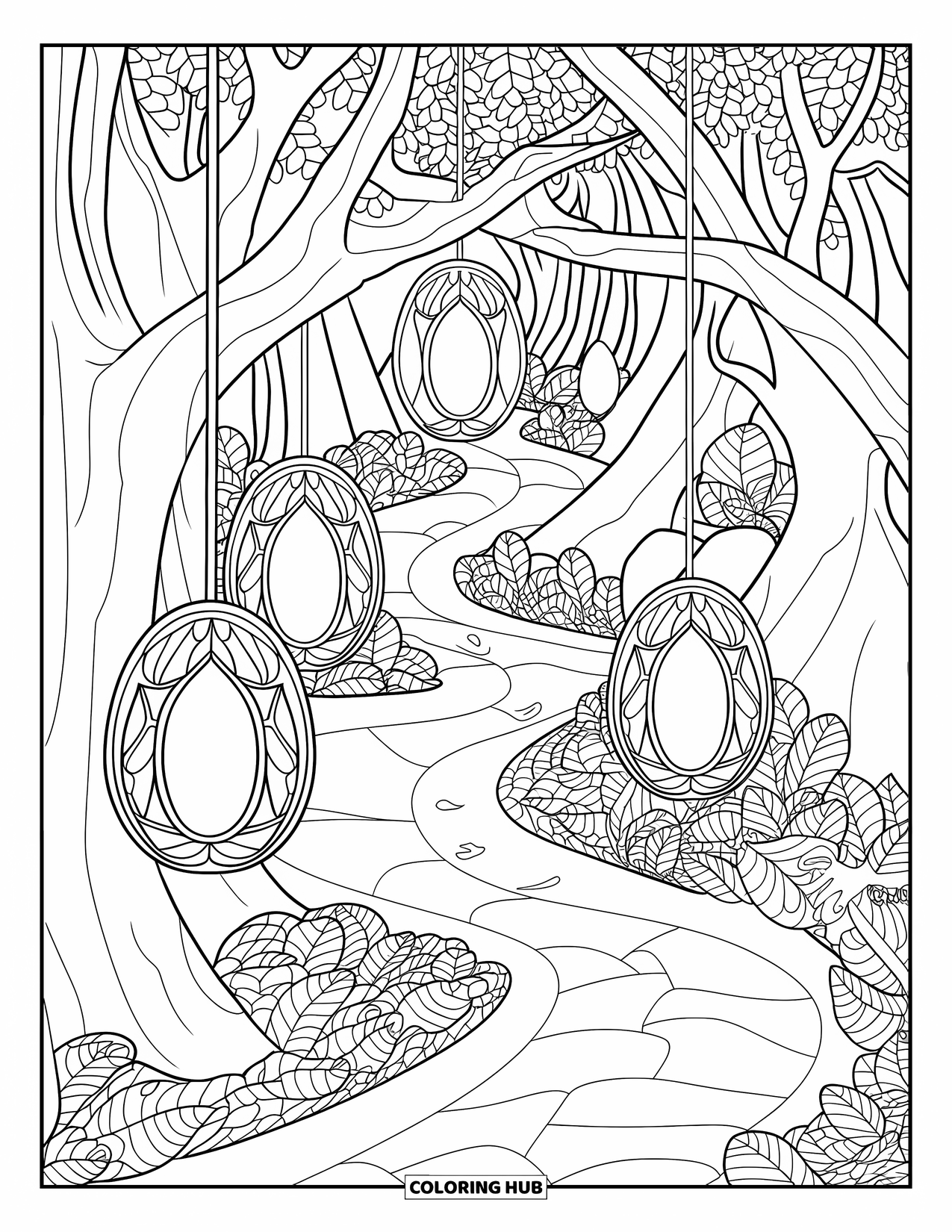 Magical Forest Coloring Page for Adults: Lanterns glow along a path in a patterned forest maze