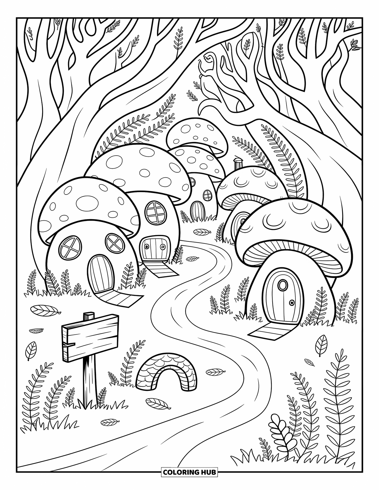 Magical Forest Coloring Page for Adults: Whimsical mushroom homes with stone bridges and a signpost in the forest