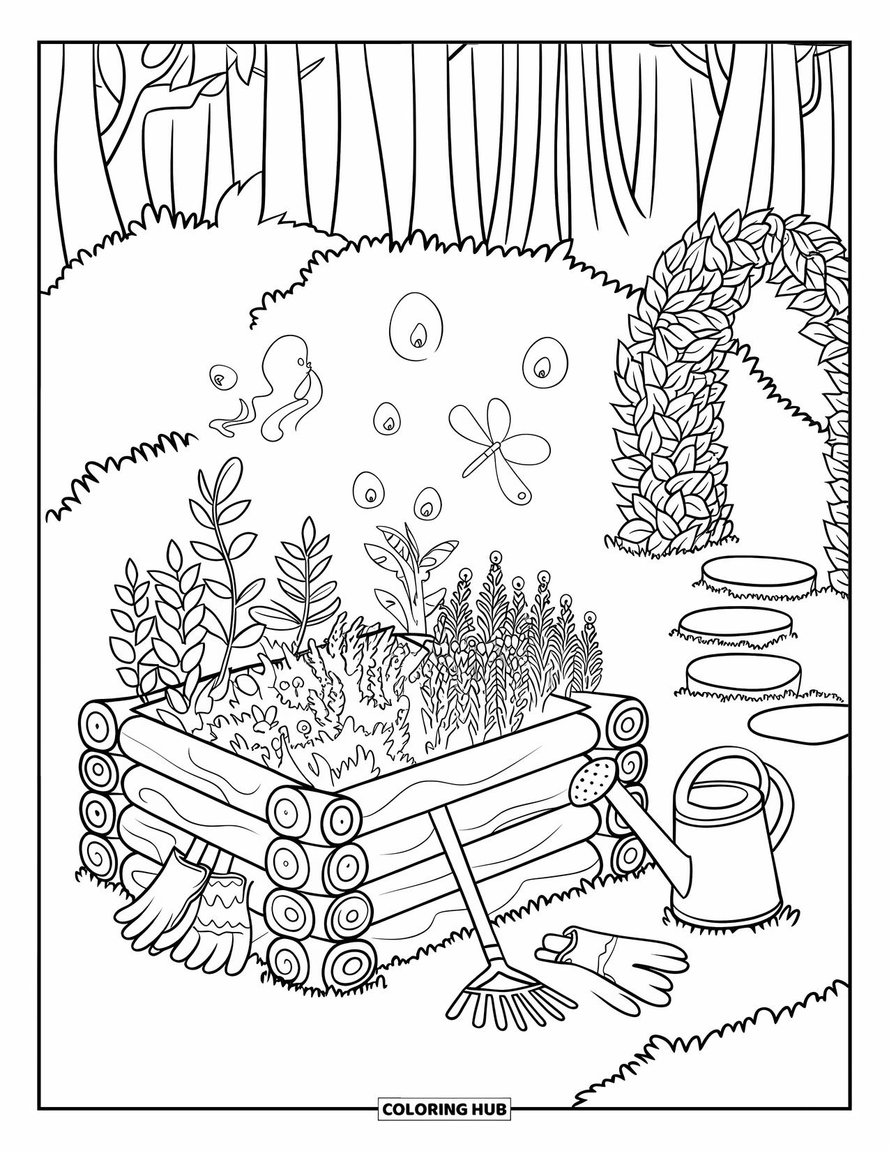 Magical Forest Coloring Page for Kids: A charming herb garden tucked in the woods, with stepping stones