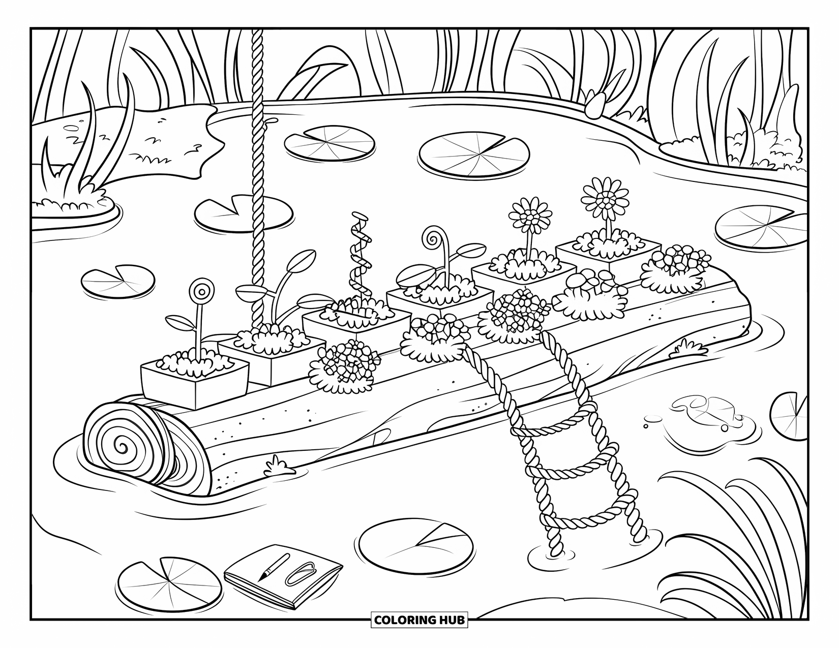 Magical Forest Coloring Page for Kids: A cozy log garden floats among lily pads and curly reeds