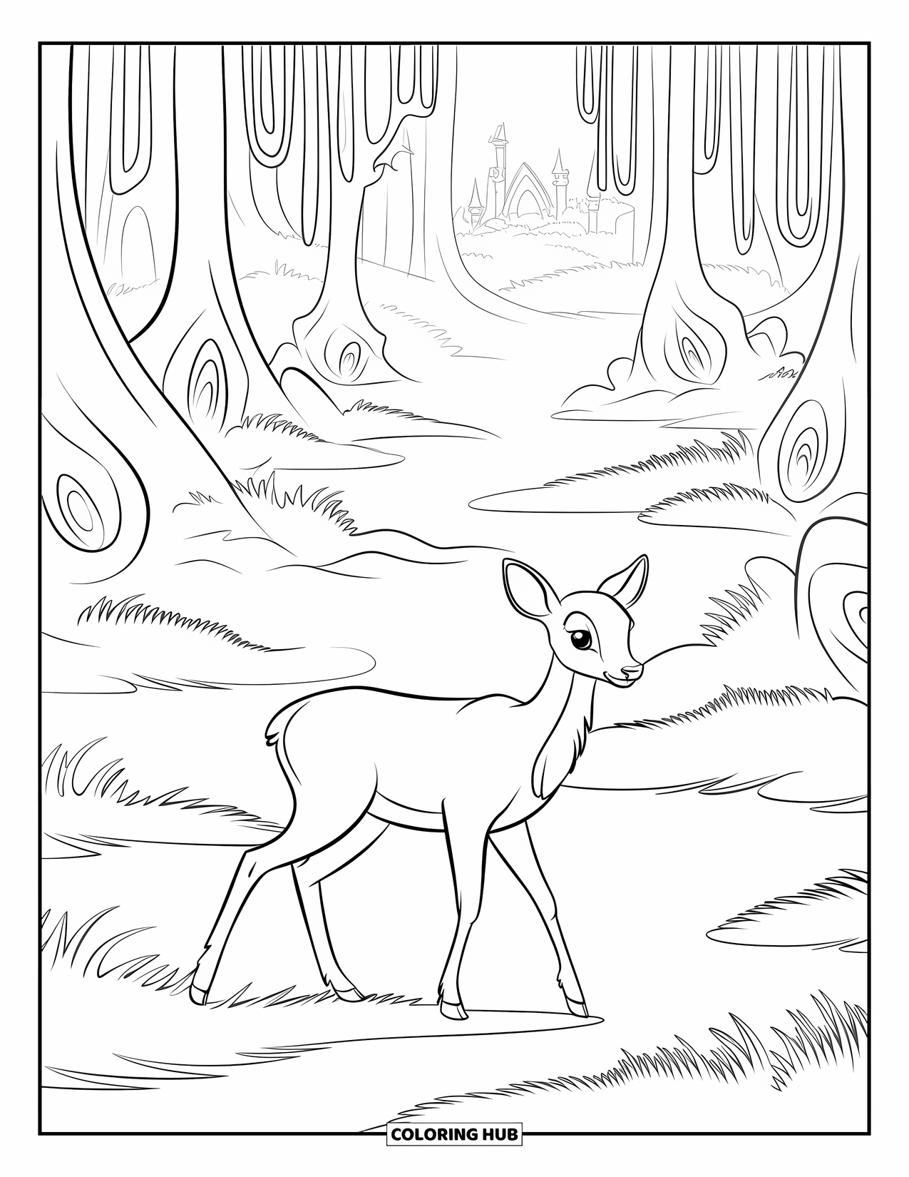 Magical Forest Coloring Page for Kids: A crown-wearing deer strolls through mist and forest creatures