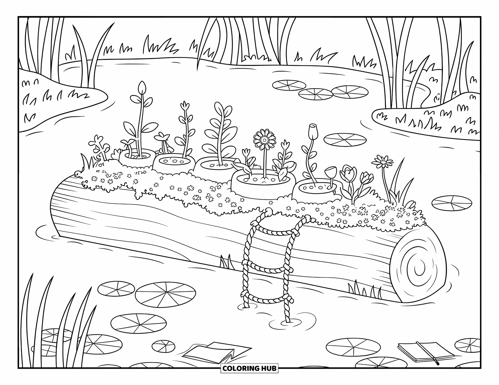 Magical Forest Coloring Page for Kids: A floating garden log filled with moss, sprouts, and lily pads