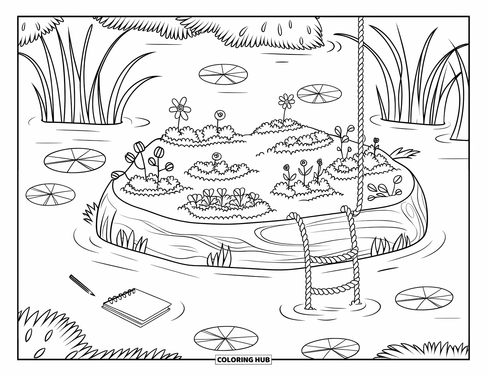 Magical Forest Coloring Page for Kids: A floating garden log with mossy planters and a sketchbook nearby