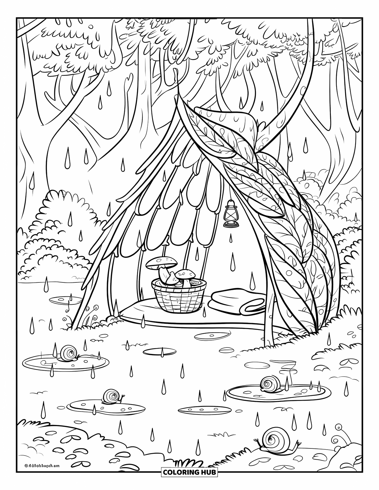 Magical Forest Coloring Page for Kids: A forest lean-to with mushroom baskets and a leafy canopy