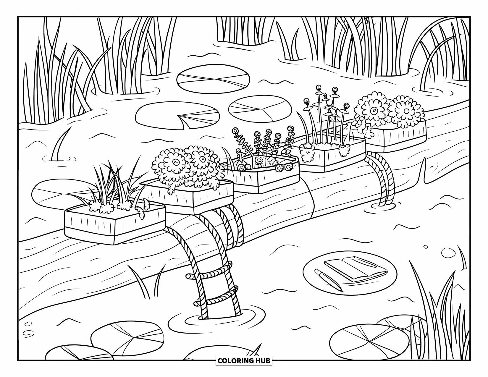 Magical Forest Coloring Page for Kids: A forest pond log garden with tiny planters and a dangling rope ladder