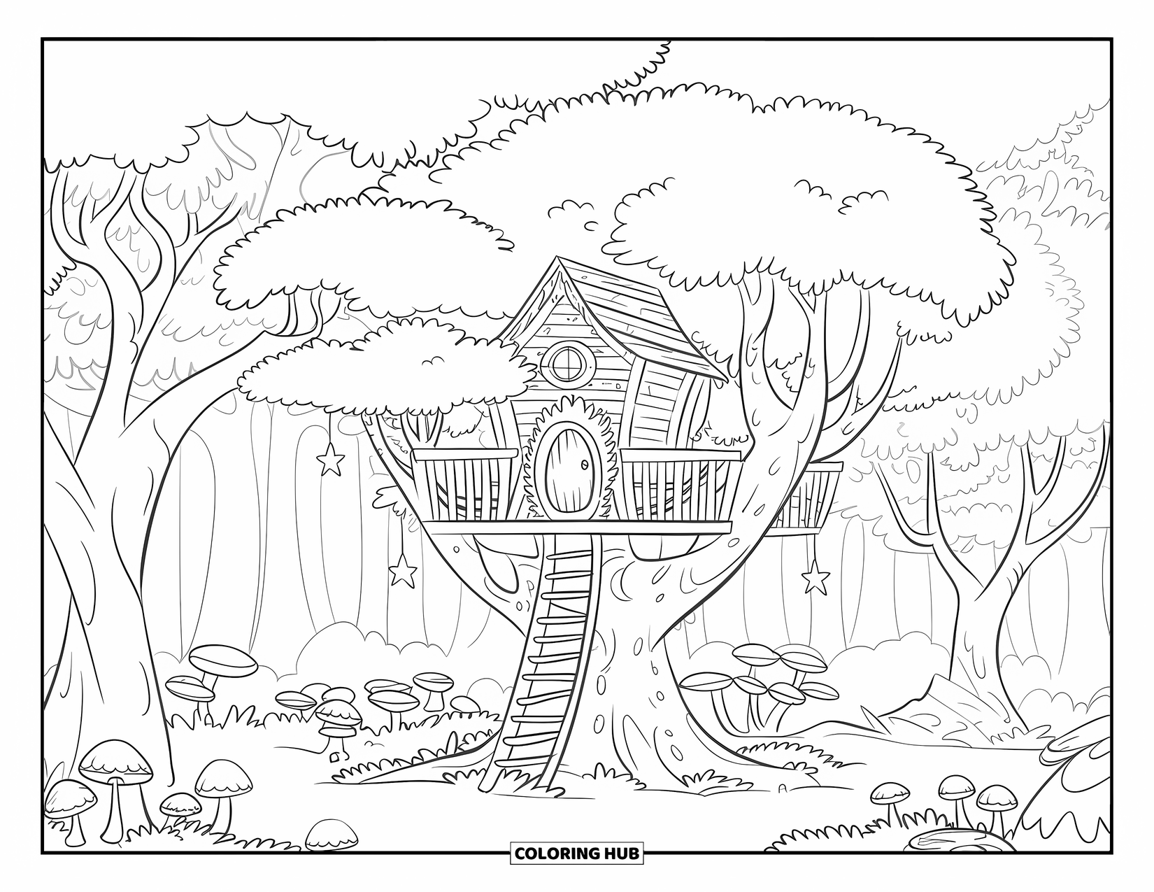 Magical Forest Coloring Page for Kids: A forest treehouse twinkles with stars and wide leafy branches