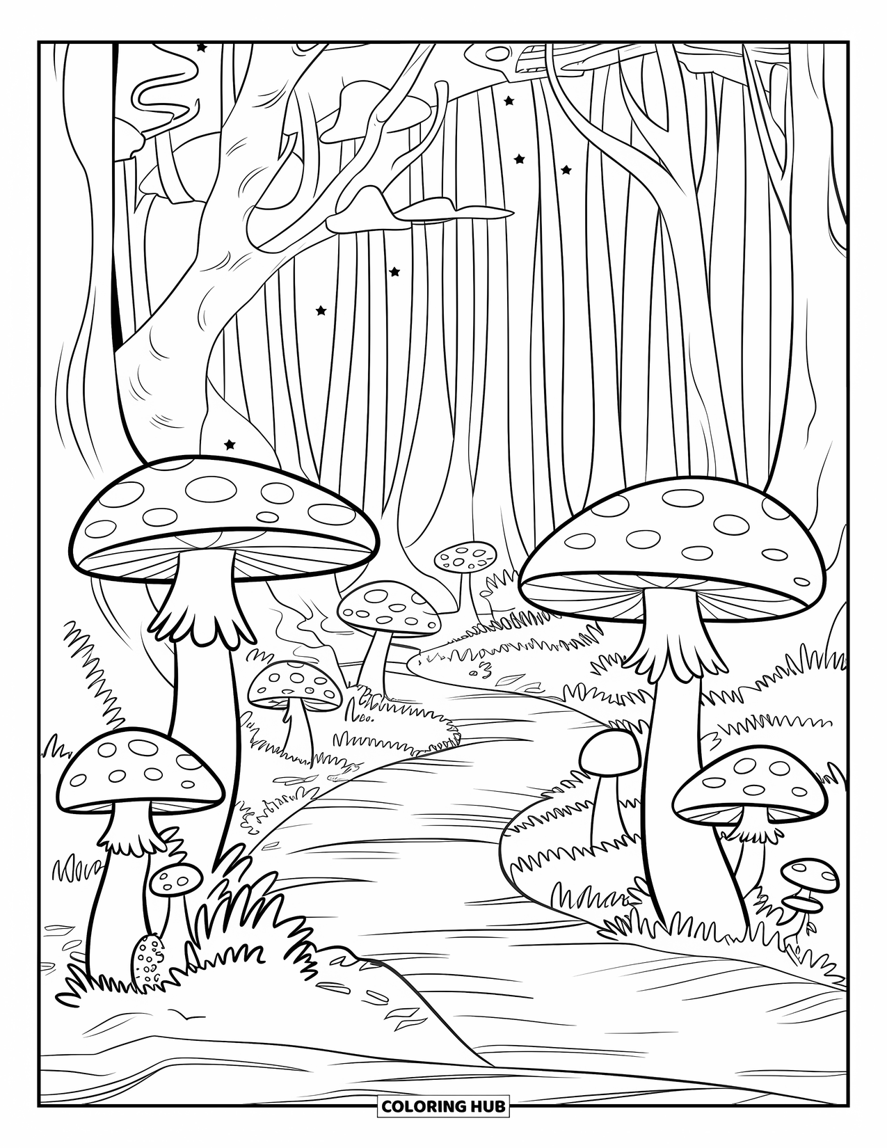 Magical Forest Coloring Page for Kids: A glowing mushroom trail lights the path through a magical forest