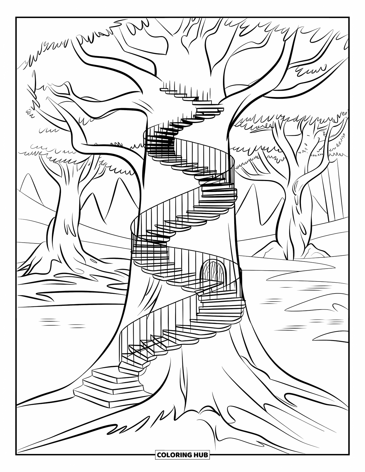 Magical Forest Coloring Page for Kids: A hidden room lies atop a spiral tree in the woods