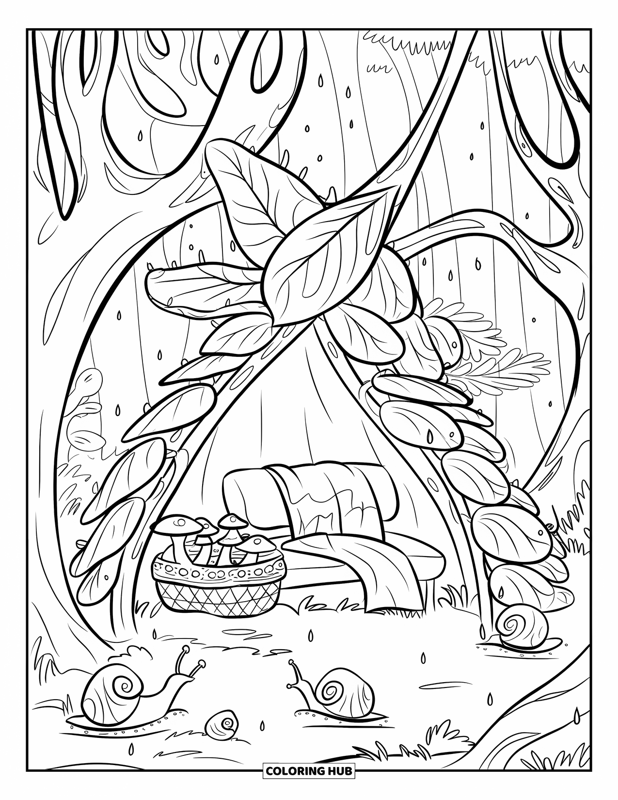 Magical Forest Coloring Page for Kids: A leaf shelter offers a cozy escape in the gentle forest drizzle