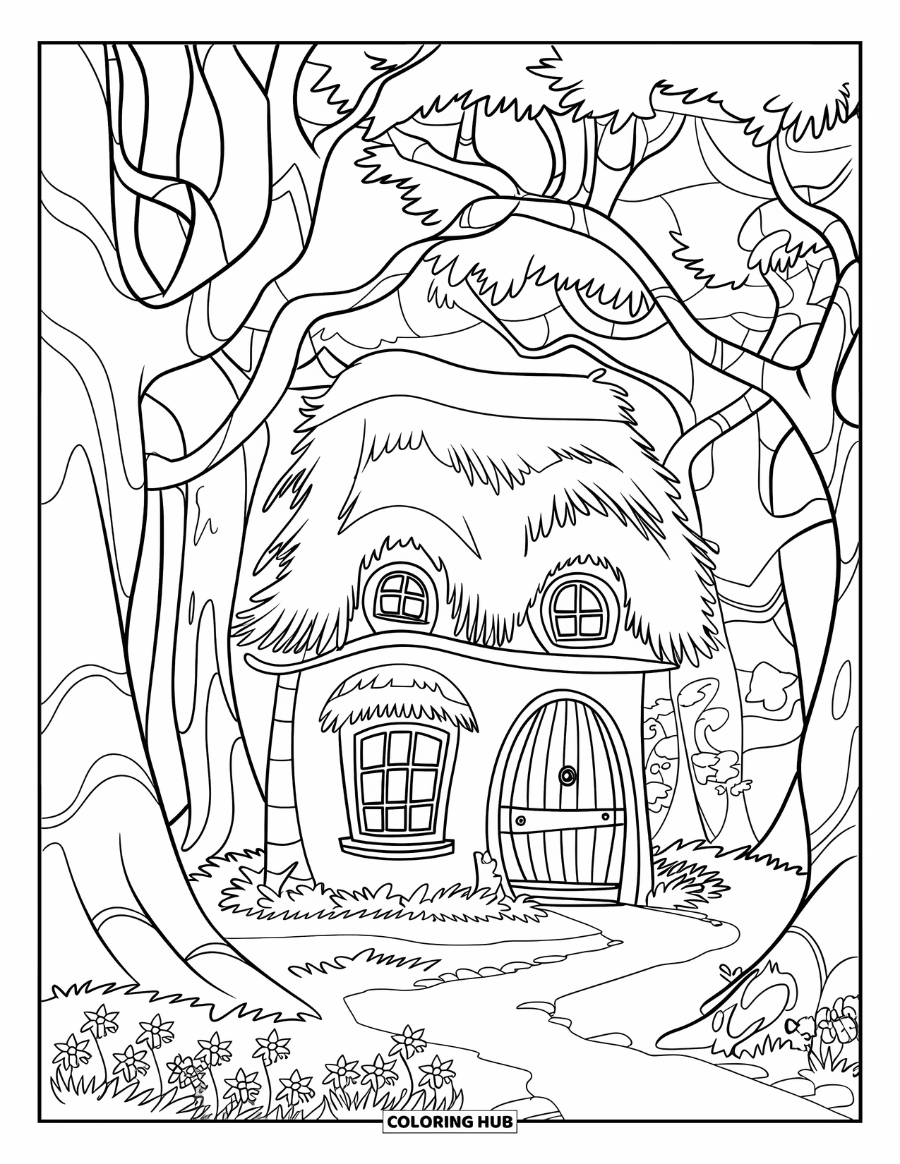 Magical Forest Coloring Page for Kids: A magical cottage path winds through a forest of yellow flowers