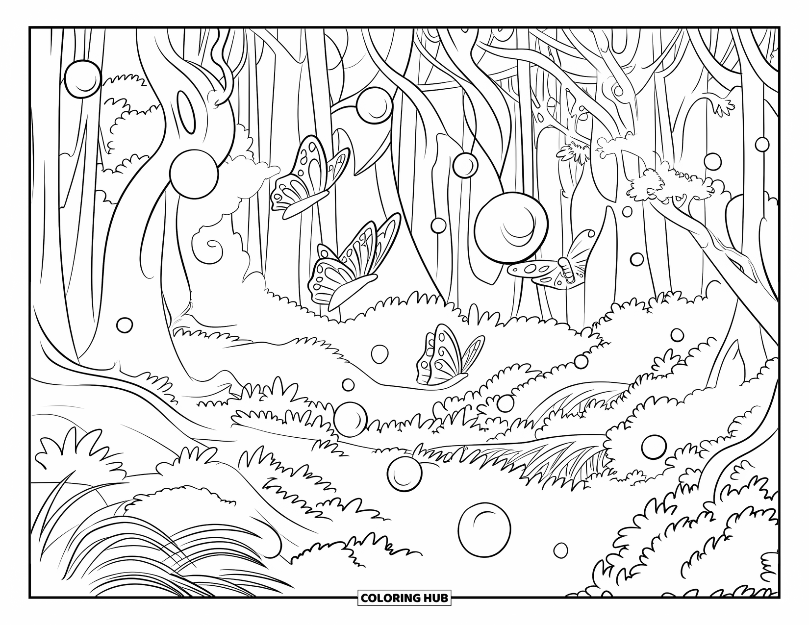 Magical Forest Coloring Page for Kids: A magical forest filled with floating lights and swirling butterflies