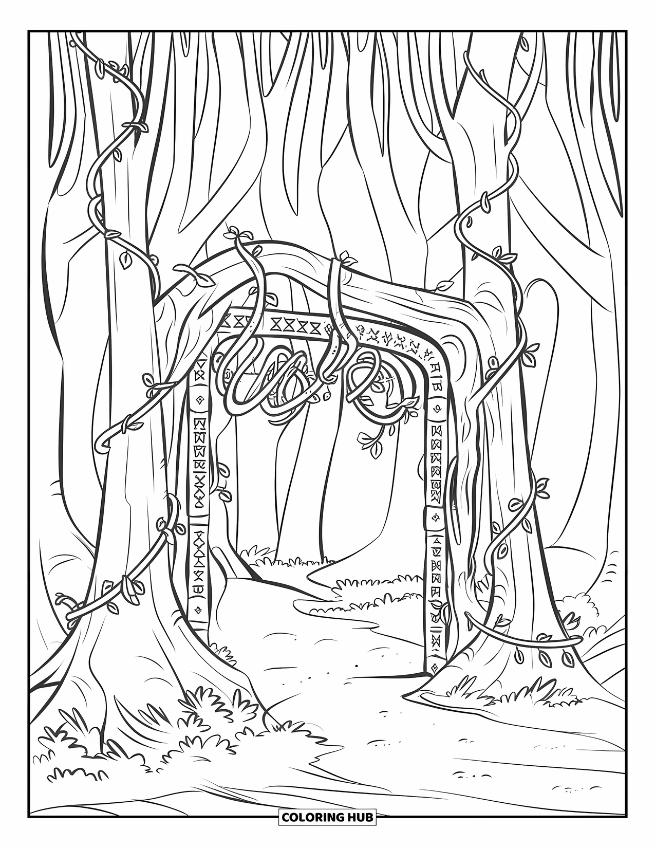 Magical Forest Coloring Page for Kids: A path leads to a vine gate in a forest of trees