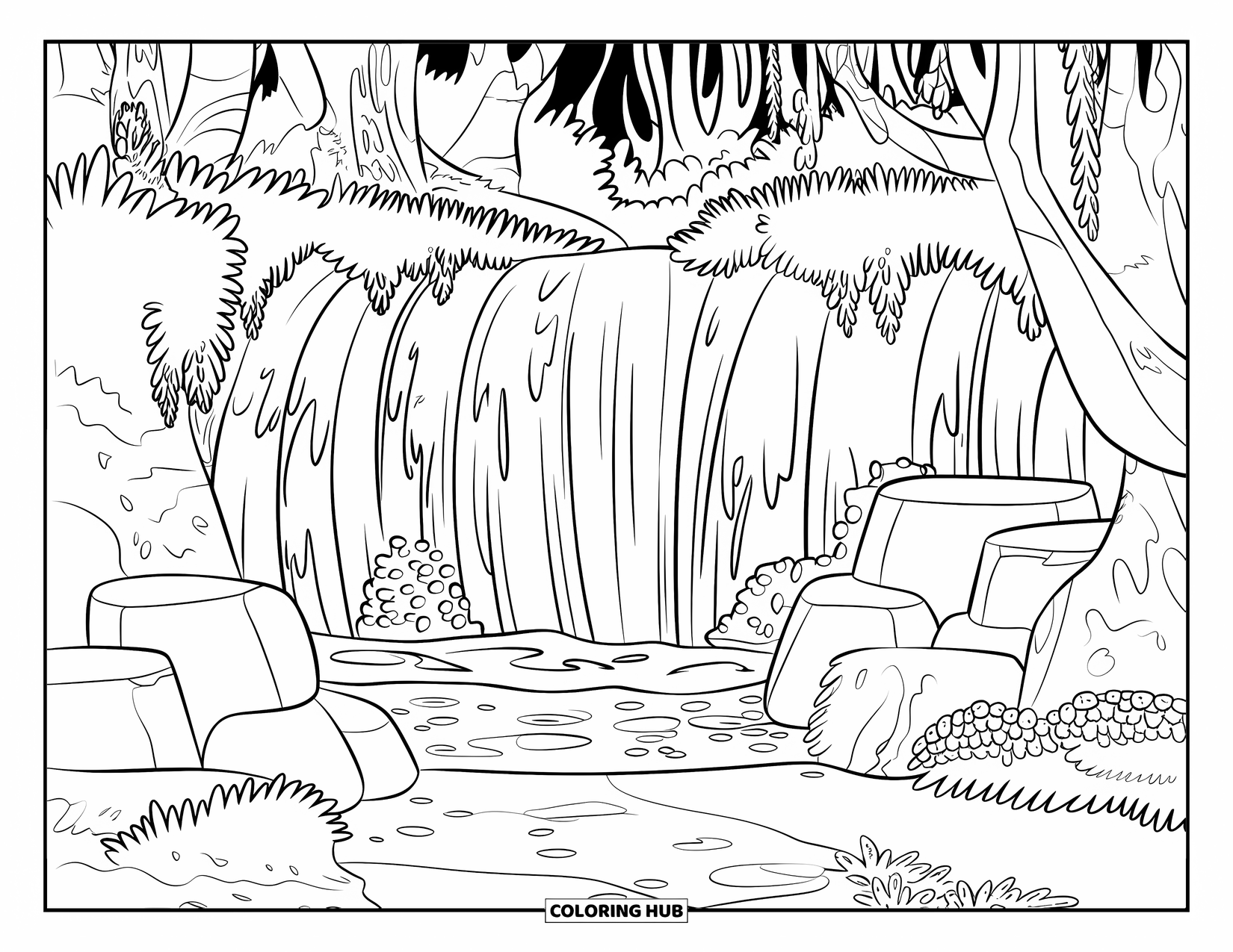 Magical Forest Coloring Page for Kids: A quiet forest hides a secret mossy waterfall