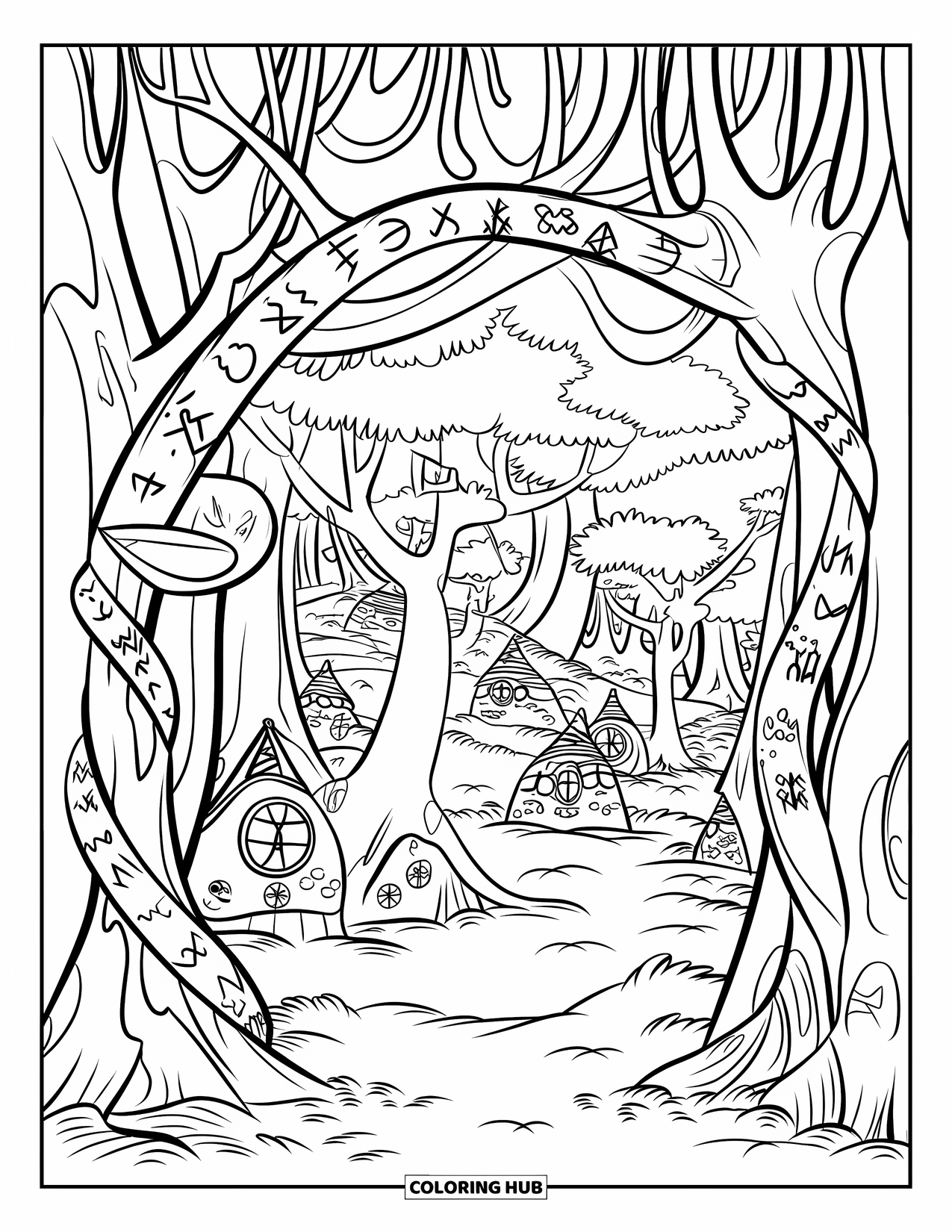 Magical Forest Coloring Page for Kids: A rune-carved gate stands hidden in the magical forest