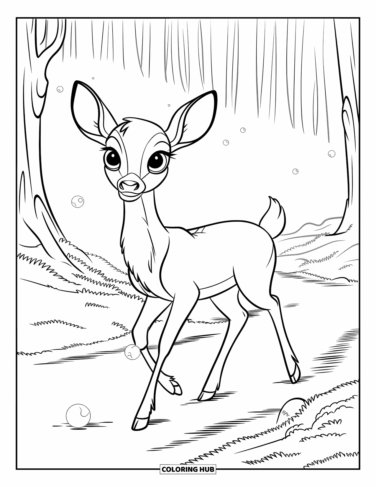 Magical Forest Coloring Page for Kids: A soft-eyed deer walks through forest mist with glowing orbs