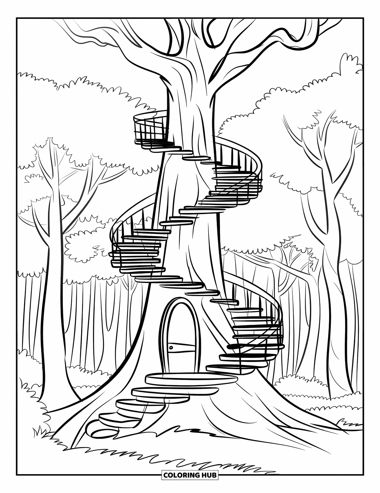 Magical Forest Coloring Page for Kids: A tall tree hides a secret room with spiral steps