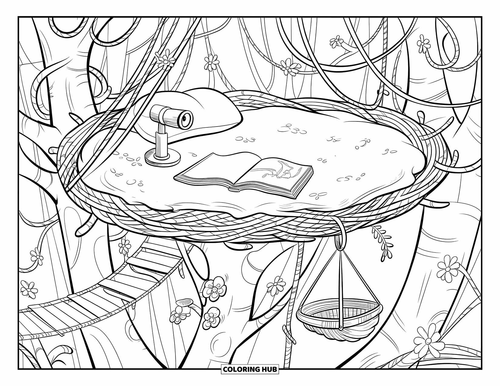 Magical Forest Coloring Page for Kids: A tree platform lookout with forest details and tiny squirrel-sized gear