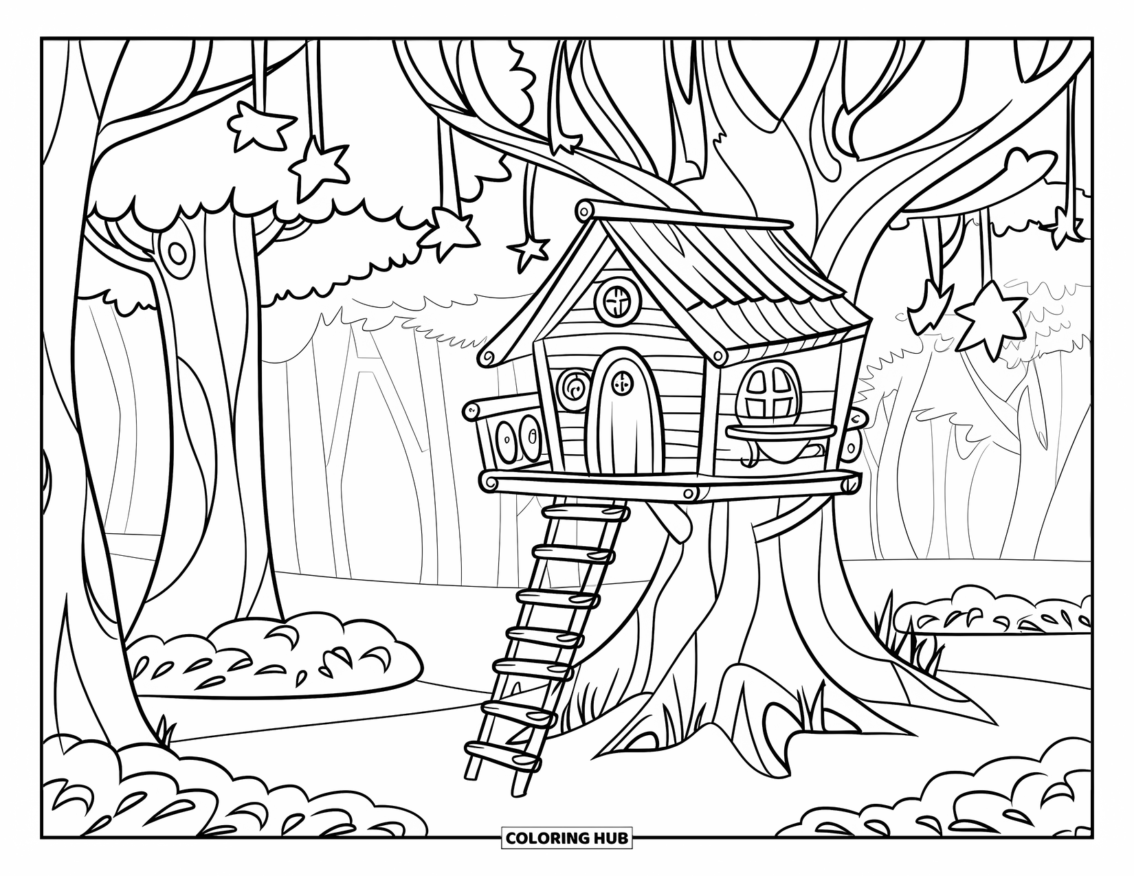 Magical Forest Coloring Page for Kids: A treehouse glows under the stars in a cheerful forest