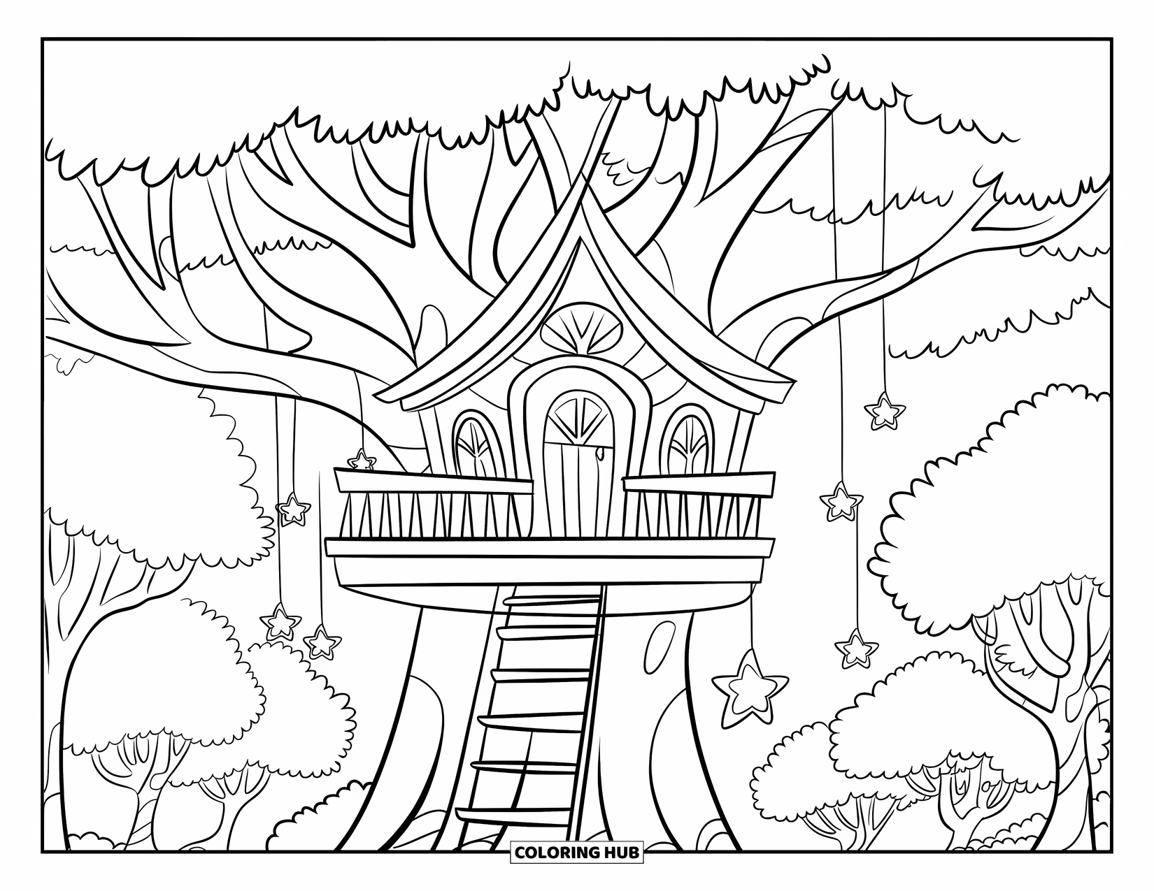 Magical Forest Coloring Page for Kids: A treehouse hangs with stars in a magical forest canopy