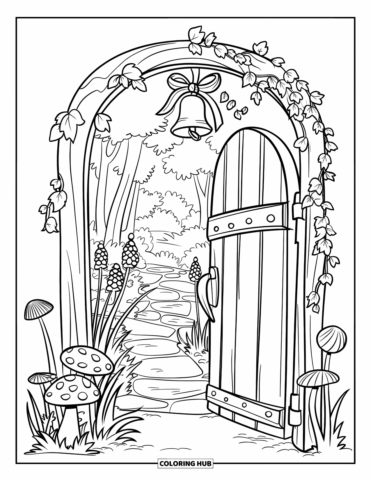 Magical Forest Coloring Page for Kids: A vine-wrapped gate peeks into a magical forest path